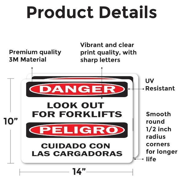 Look Out For Forklifts Bilingual, 14 In W X Rectangle, Vinyl Decal